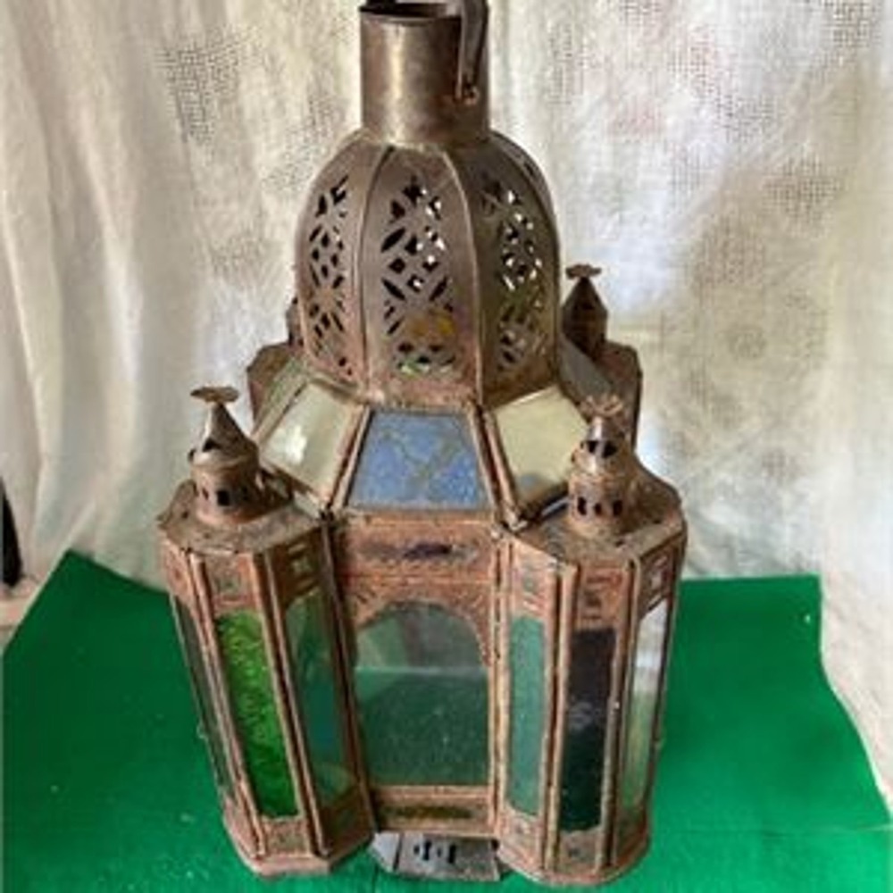 Vintage Moroccan Hanging Lantern Middle Eastern Metal Stained Glass Lamp Antique